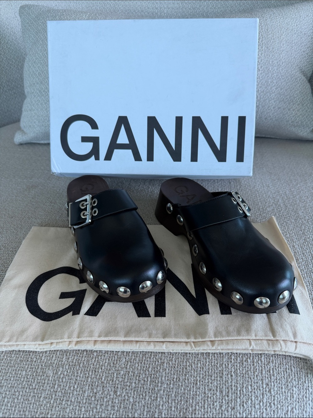 BNNW Ganni Black Retro Leather Clogs
